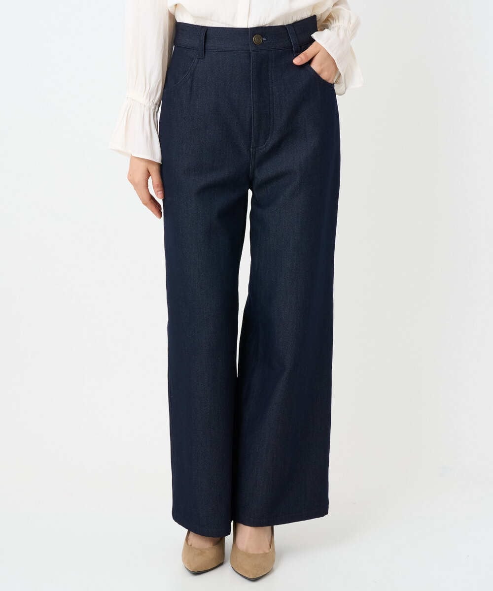 F1LAD52180 MK MICHEL KLEIN(小さいサイズ)(メゾン ドゥ サンク) 【小さいサイズ】裏起毛ブーツカットシルエットデニムワイドパンツ/洗濯機で洗える ネイビー