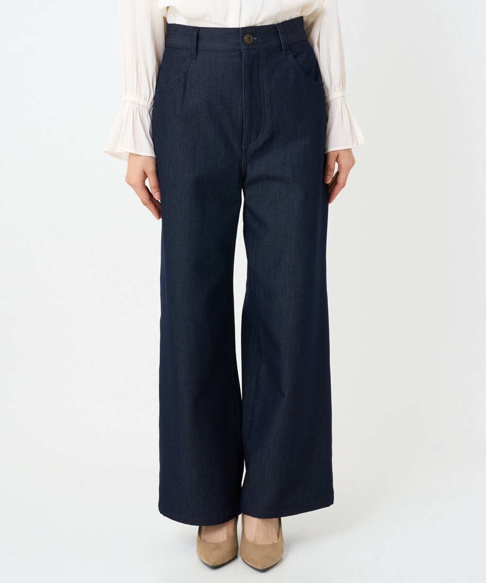 F1LAD52180 MK MICHEL KLEIN(小さいサイズ)(メゾン ドゥ サンク) 【小さいサイズ】裏起毛ブーツカットシルエットデニムワイドパンツ/洗濯機で洗える ネイビー