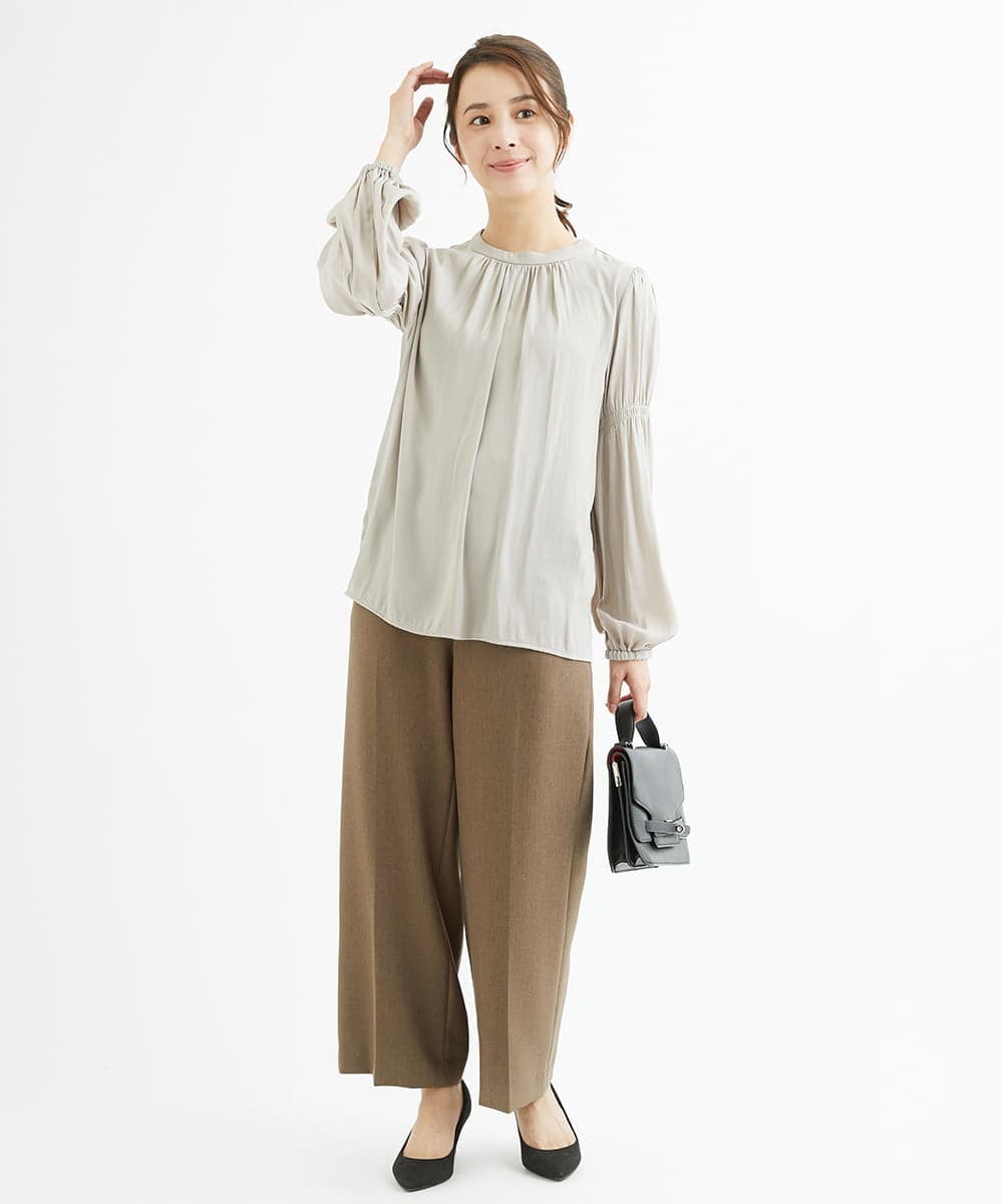 F1LAV46160 MK MICHEL KLEIN(小さいサイズ)(メゾン ドゥ サンク) 【小さいサイズ】パウダーツイルストレッチワイドパンツ/洗える モカ