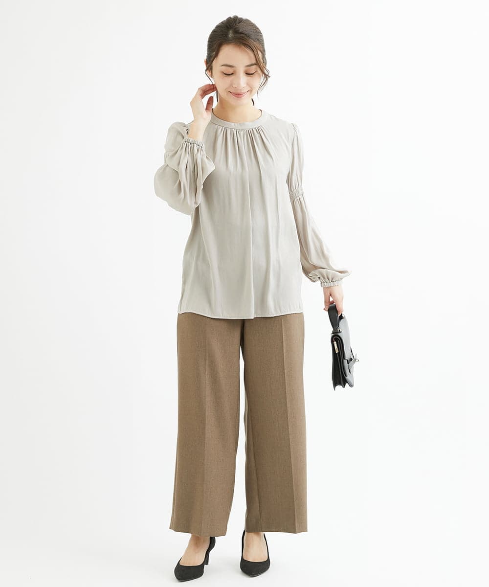 F1LAV46160 MK MICHEL KLEIN(小さいサイズ)(メゾン ドゥ サンク) 【小さいサイズ】パウダーツイルストレッチワイドパンツ/洗える モカ