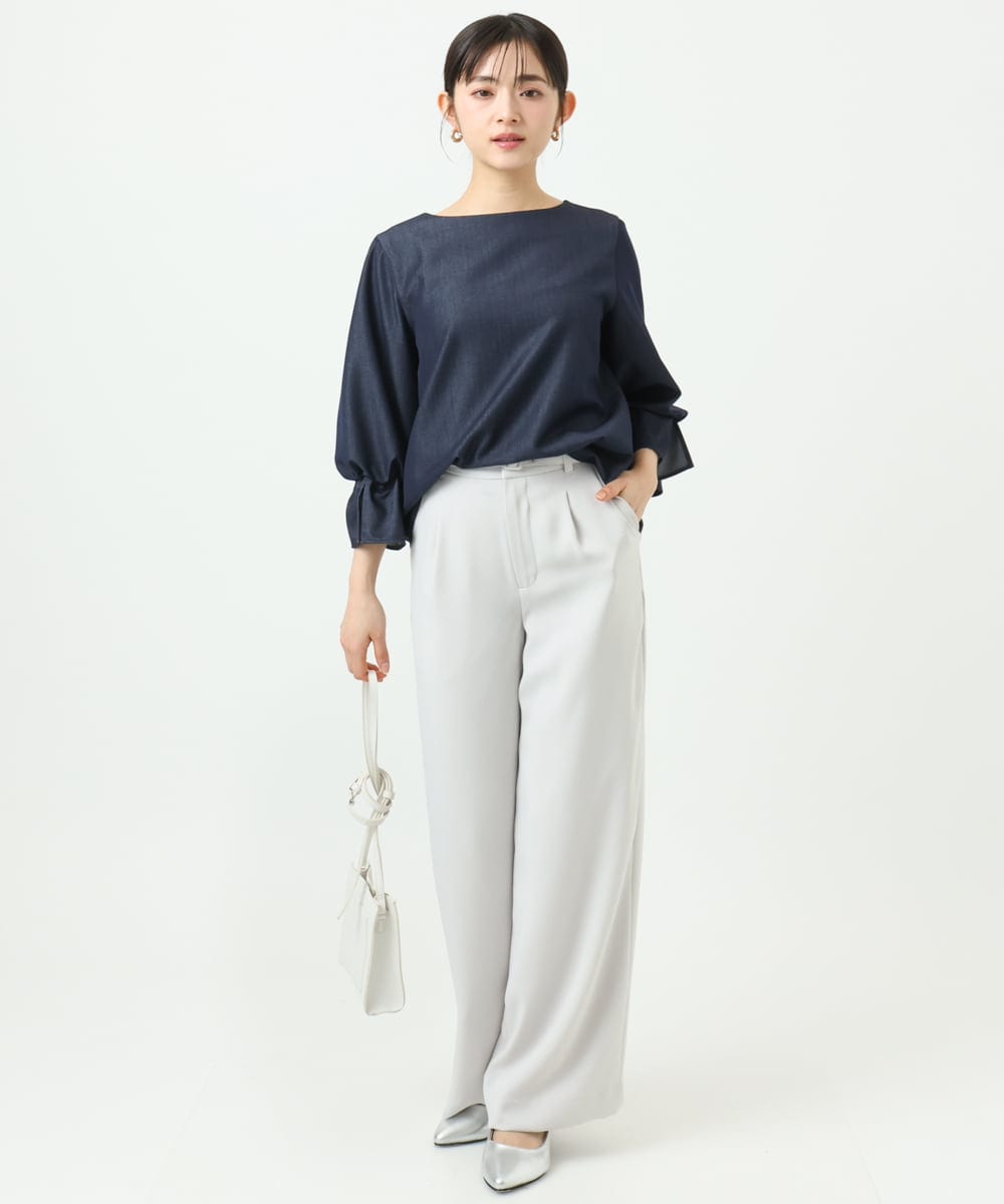 F1LFD24160 MK MICHEL KLEIN(小さいサイズ)(メゾン ドゥ サンク) 【小さいサイズ】共地ベルト付きワイドパンツ/撥水/防シワ/洗える ライトグレー