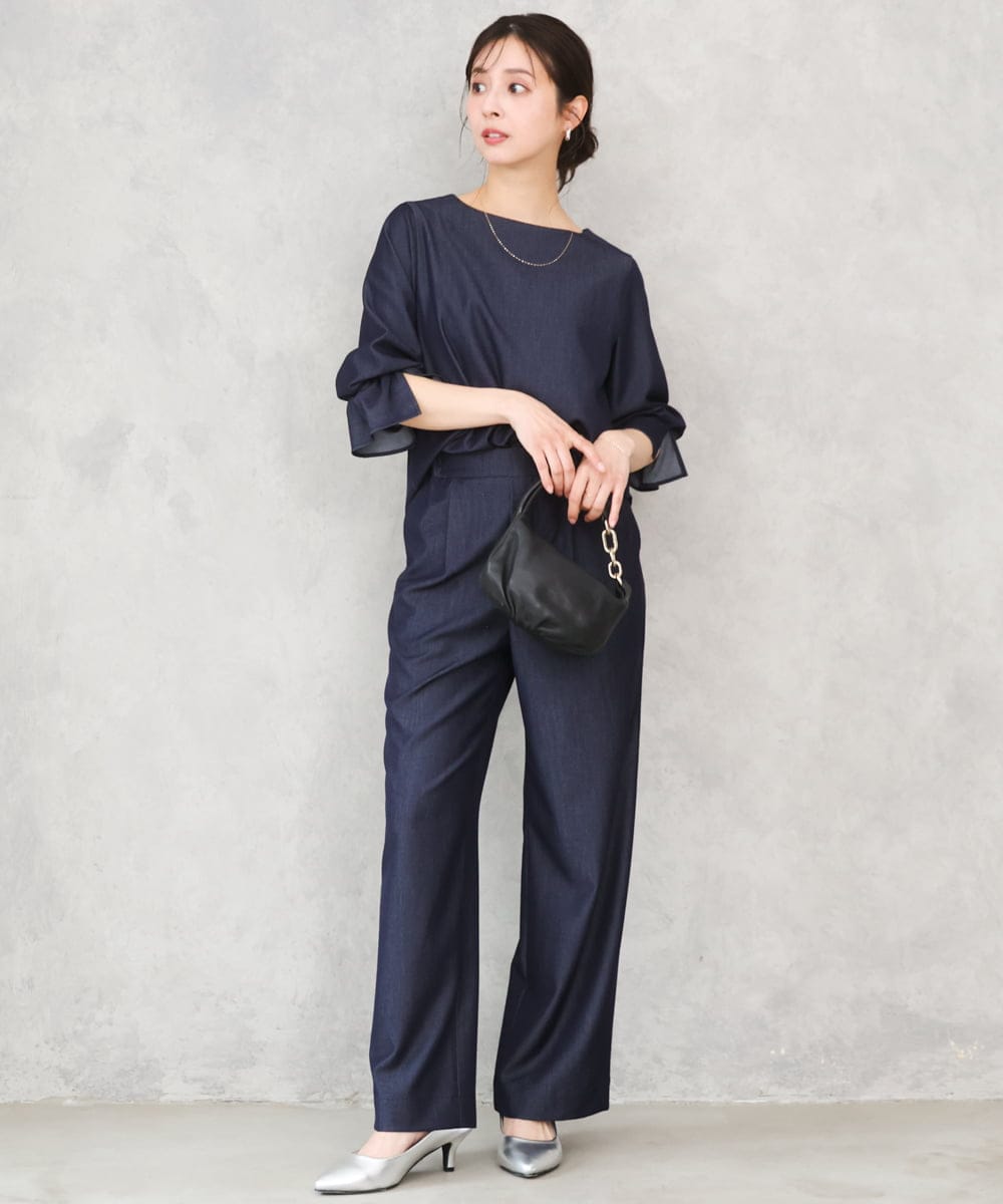 F1LGD30160 MK MICHEL KLEIN(小さいサイズ)(メゾン ドゥ サンク) 【小さいサイズ】[SANAGARAシリーズ]デニムライク ワイドパンツ/接触冷感/UVカット/洗濯機で洗える ネイビー