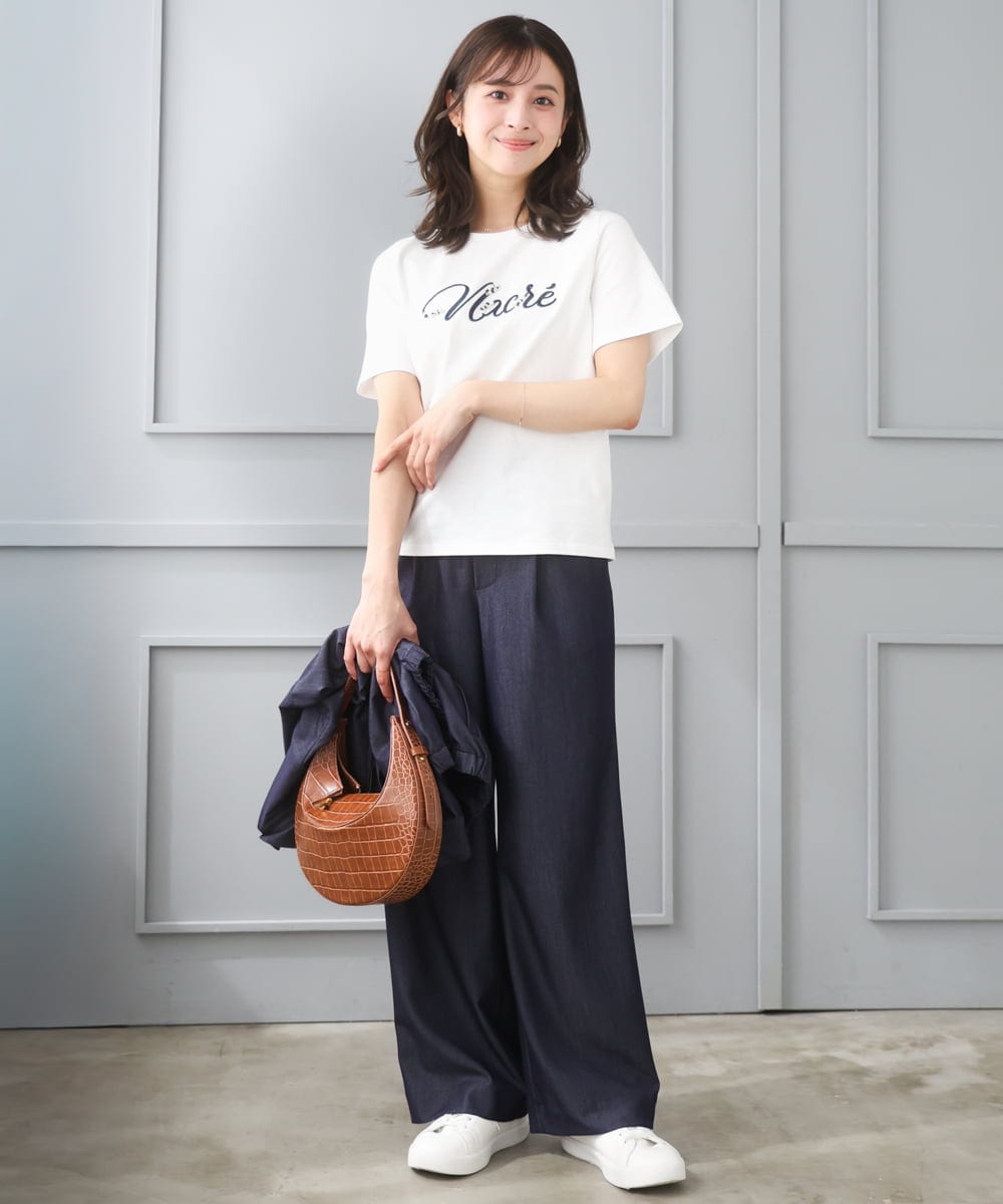 F1LGD30160 MK MICHEL KLEIN(小さいサイズ)(メゾン ドゥ サンク) 【小さいサイズ】[SANAGARAシリーズ]デニムライク ワイドパンツ/接触冷感/UVカット/洗濯機で洗える ネイビー