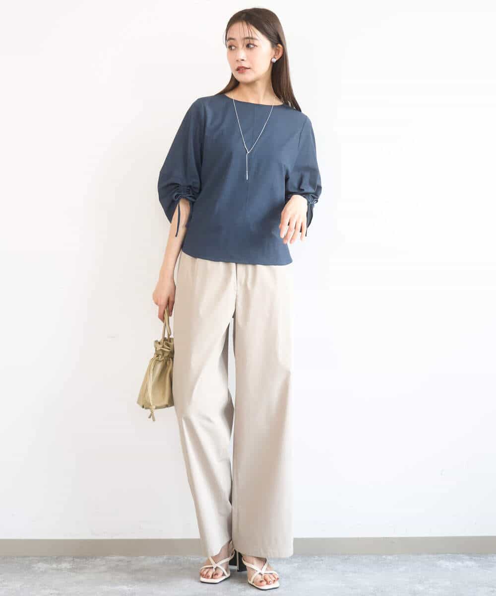 F1LGD40170 MK MICHEL KLEIN(小さいサイズ)(メゾン ドゥ サンク) 【小さいサイズ】コットンライクストレッチワイドパンツ/抗ピリング/洗濯機で洗える ネイビー