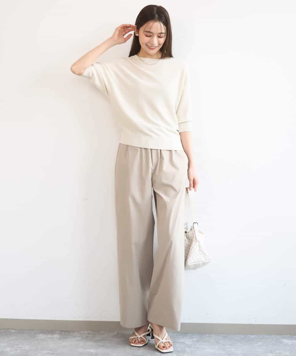 F1LGD40170 MK MICHEL KLEIN(小さいサイズ)(メゾン ドゥ サンク) 【小さいサイズ】コットンライクストレッチワイドパンツ/抗ピリング/洗濯機で洗える ネイビー