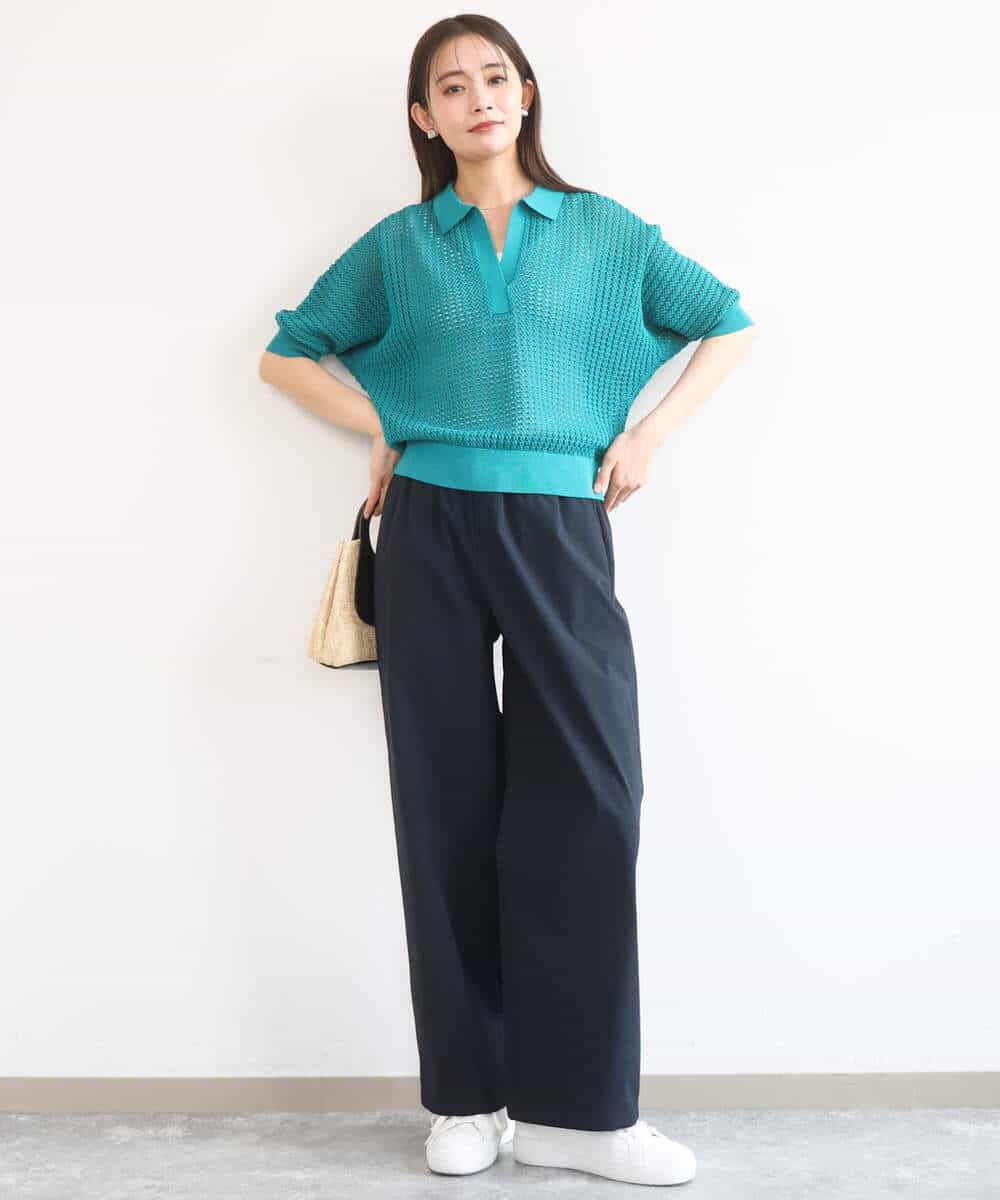 F1LGD40170 MK MICHEL KLEIN(小さいサイズ)(メゾン ドゥ サンク) 【小さいサイズ】コットンライクストレッチワイドパンツ/抗ピリング/洗濯機で洗える ネイビー