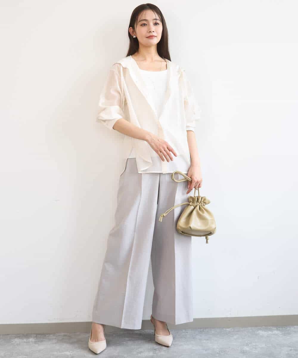 F1LGD46180 MK MICHEL KLEIN(小さいサイズ)(メゾン ドゥ サンク) 【小さいサイズ】[UVカット/接触冷感/速乾/洗える]バイオヴィンテージツイル ワイドストレートパンツ グレージュ