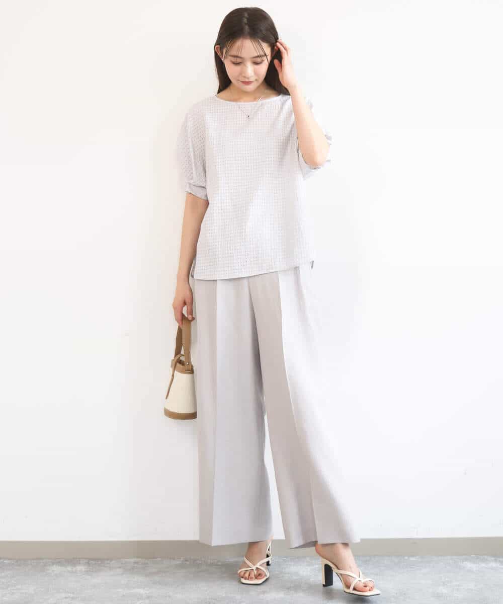 F1LGD46180 MK MICHEL KLEIN(小さいサイズ)(メゾン ドゥ サンク) 【小さいサイズ】[UVカット/接触冷感/速乾/洗える]バイオヴィンテージツイル ワイドストレートパンツ グレージュ