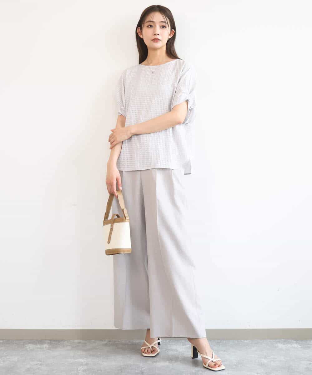 F1LGD46180 MK MICHEL KLEIN(小さいサイズ)(メゾン ドゥ サンク) 【小さいサイズ】[UVカット/接触冷感/速乾/洗える]バイオヴィンテージツイル ワイドストレートパンツ グレージュ