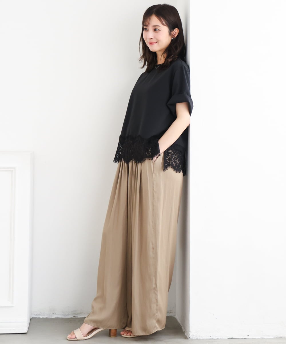 F1LGD53160 MK MICHEL KLEIN(小さいサイズ)(メゾン ドゥ サンク) 【小さいサイズ】[UVカット/接触冷感/洗える]サテンワイドパンツ キャメル