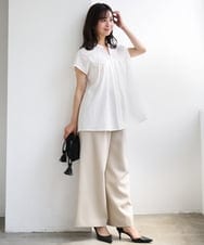 F1LGD55160 MK MICHEL KLEIN(小さいサイズ)(メゾン ドゥ サンク) 【小さいサイズ】[UVカット/防シワ/抗ピリング/洗濯機で洗える]ピンストライプ柄プルオンワイドパンツ ブラウン