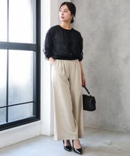 F1LGD55160 MK MICHEL KLEIN(小さいサイズ)(メゾン ドゥ サンク) 【小さいサイズ】[UVカット/防シワ/抗ピリング/洗濯機で洗える]ピンストライプ柄プルオンワイドパンツ ブラウン
