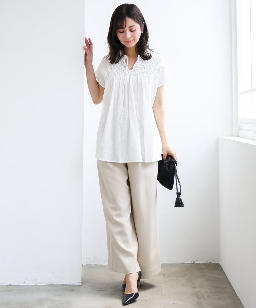 F1LGD55160 MK MICHEL KLEIN(小さいサイズ)(メゾン ドゥ サンク) 【小さいサイズ】[UVカット/防シワ/抗ピリング/洗濯機で洗える]ピンストライプ柄プルオンワイドパンツ ブラウン