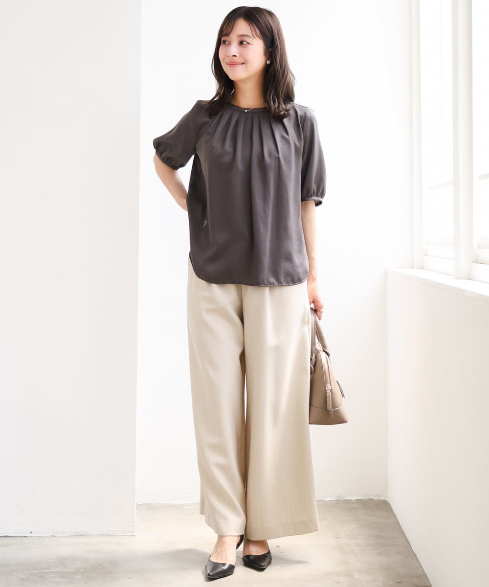 F1LGD55160 MK MICHEL KLEIN(小さいサイズ)(メゾン ドゥ サンク) 【小さいサイズ】[UVカット/防シワ/抗ピリング/洗濯機で洗える]ピンストライプ柄プルオンワイドパンツ ブラウン