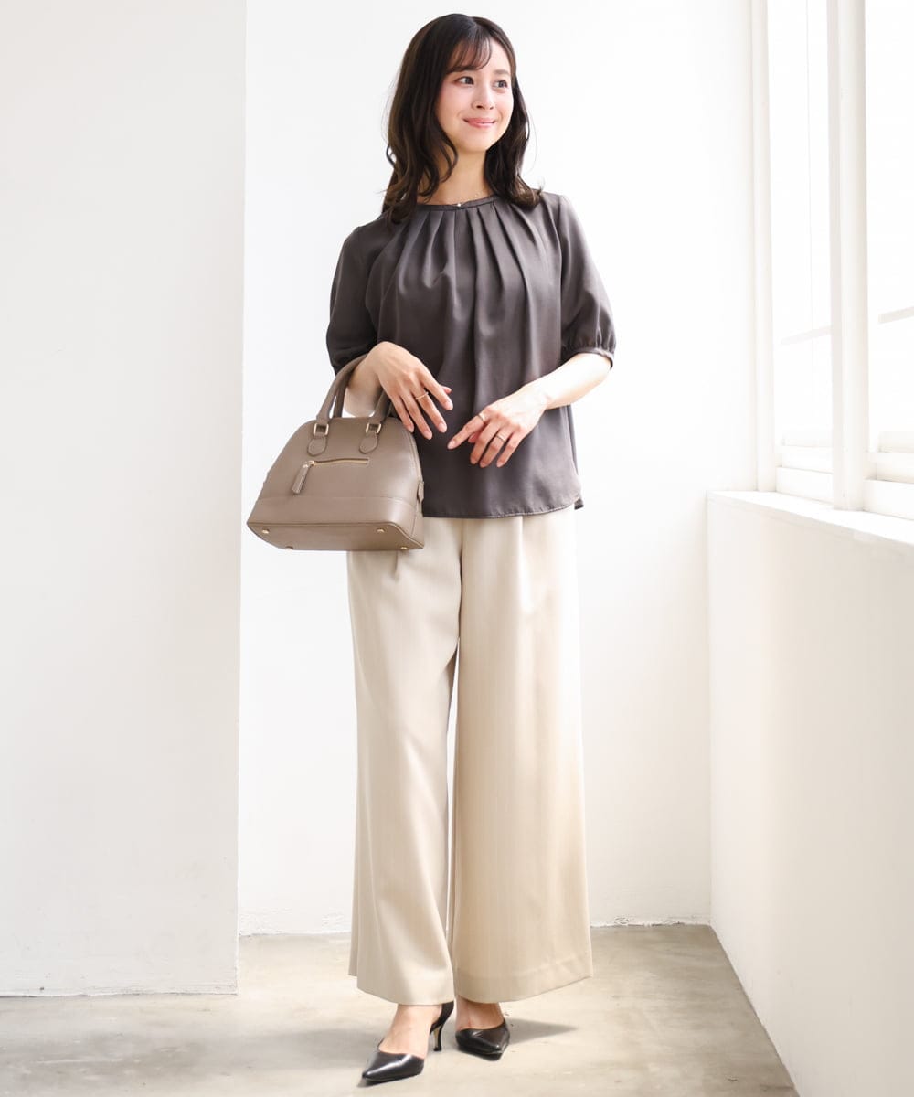 F1LGD55160 MK MICHEL KLEIN(小さいサイズ)(メゾン ドゥ サンク) 【小さいサイズ】[UVカット/防シワ/抗ピリング/洗濯機で洗える]ピンストライプ柄プルオンワイドパンツ ブラウン