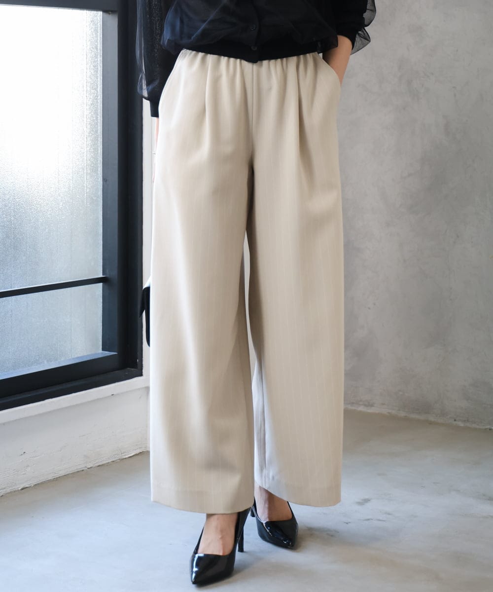 F1LGD55160 MK MICHEL KLEIN(小さいサイズ)(メゾン ドゥ サンク) 【小さいサイズ】[UVカット/防シワ/抗ピリング/洗濯機で洗える]ピンストライプ柄プルオンワイドパンツ ブラウン
