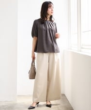 F1LGD55160 MK MICHEL KLEIN(小さいサイズ)(メゾン ドゥ サンク) 【小さいサイズ】[UVカット/防シワ/抗ピリング/洗濯機で洗える]ピンストライプ柄プルオンワイドパンツ ブラウン
