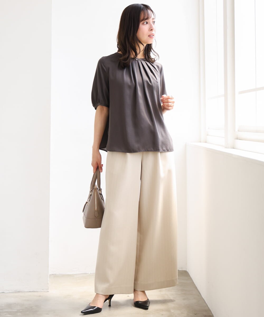 F1LGD55160 MK MICHEL KLEIN(小さいサイズ)(メゾン ドゥ サンク) 【小さいサイズ】[UVカット/防シワ/抗ピリング/洗濯機で洗える]ピンストライプ柄プルオンワイドパンツ ブラウン