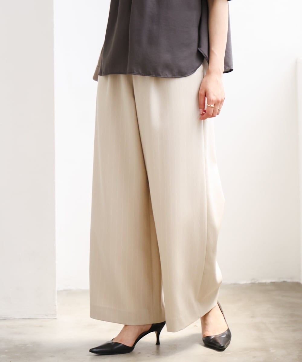 F1LGD55160 MK MICHEL KLEIN(小さいサイズ)(メゾン ドゥ サンク) 【小さいサイズ】[UVカット/防シワ/抗ピリング/洗濯機で洗える]ピンストライプ柄プルオンワイドパンツ ブラウン