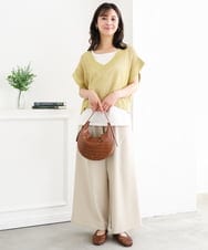 F1LGD55160 MK MICHEL KLEIN(小さいサイズ)(メゾン ドゥ サンク) 【小さいサイズ】[UVカット/防シワ/抗ピリング/洗濯機で洗える]ピンストライプ柄プルオンワイドパンツ ブラウン