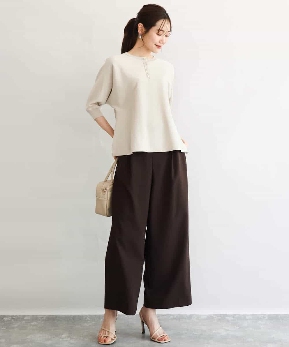 F1LGD56160 MK MICHEL KLEIN(小さいサイズ)(メゾン ドゥ サンク) 【小さいサイズ】[洗える]リネンライクストレッチ ストレートワイドパンツ ベージュ