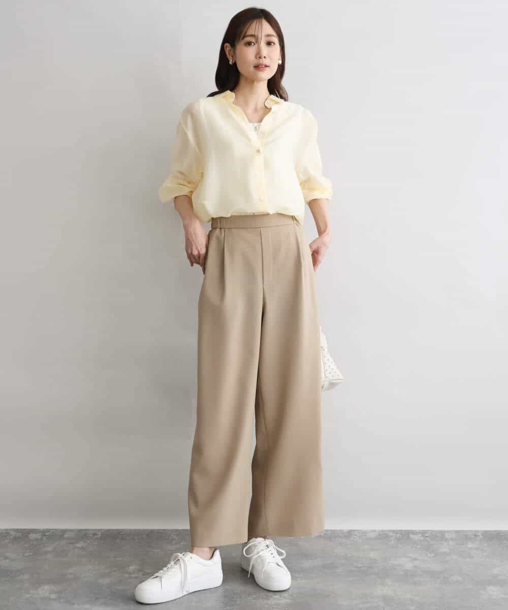 F1LGD56160 MK MICHEL KLEIN(小さいサイズ)(メゾン ドゥ サンク) 【小さいサイズ】[洗える]リネンライクストレッチ ストレートワイドパンツ ベージュ