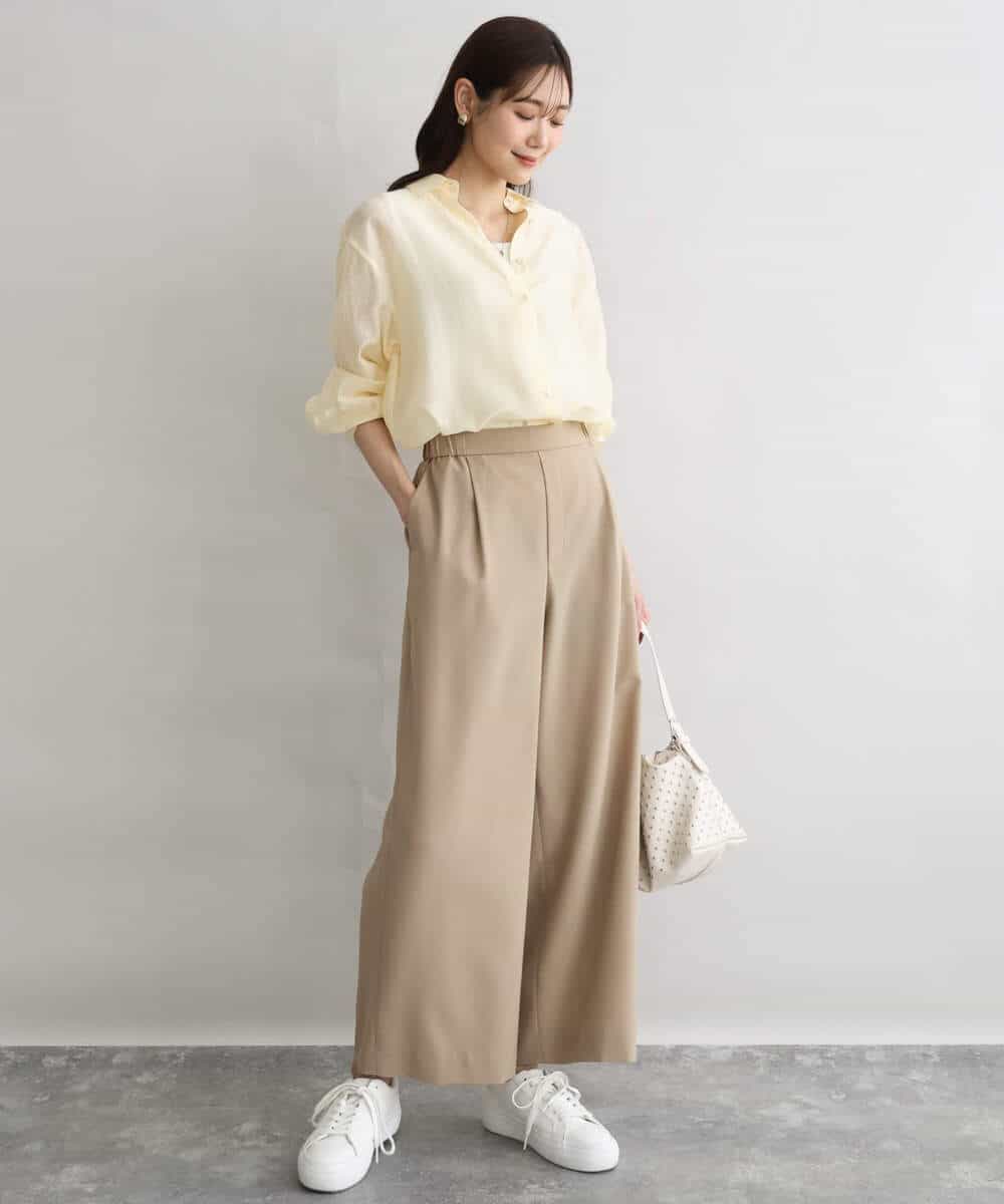 F1LGD56160 MK MICHEL KLEIN(小さいサイズ)(メゾン ドゥ サンク) 【小さいサイズ】[洗える]リネンライクストレッチ ストレートワイドパンツ ベージュ