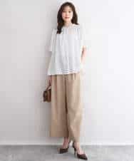 F1LGD56160 MK MICHEL KLEIN(小さいサイズ)(メゾン ドゥ サンク) 【小さいサイズ】[洗える]リネンライクストレッチ ストレートワイドパンツ ベージュ