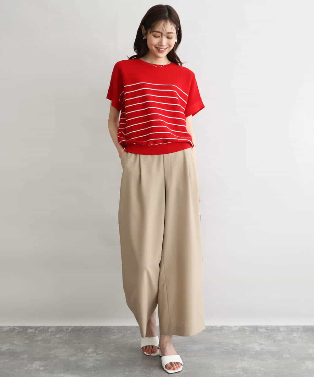 F1LGD56160 MK MICHEL KLEIN(小さいサイズ)(メゾン ドゥ サンク) 【小さいサイズ】[洗える]リネンライクストレッチ ストレートワイドパンツ ベージュ