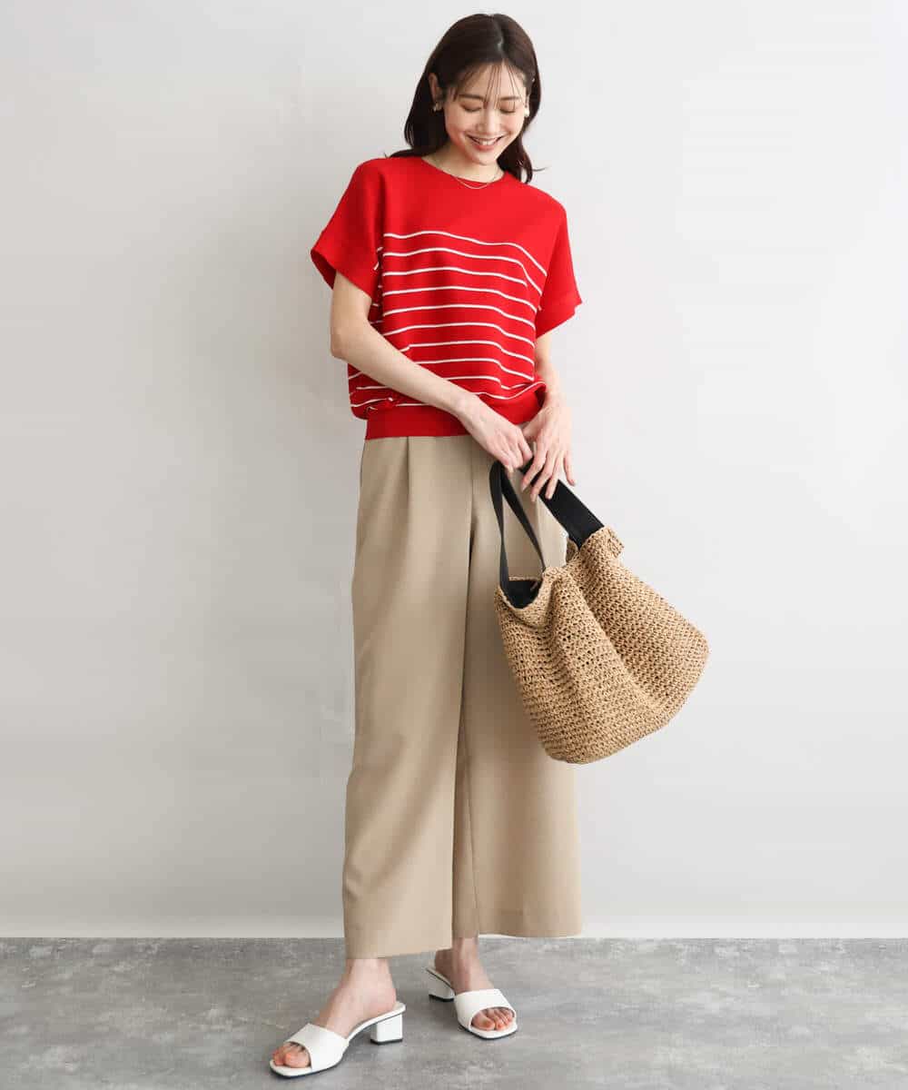 F1LGD56160 MK MICHEL KLEIN(小さいサイズ)(メゾン ドゥ サンク) 【小さいサイズ】[洗える]リネンライクストレッチ ストレートワイドパンツ ベージュ