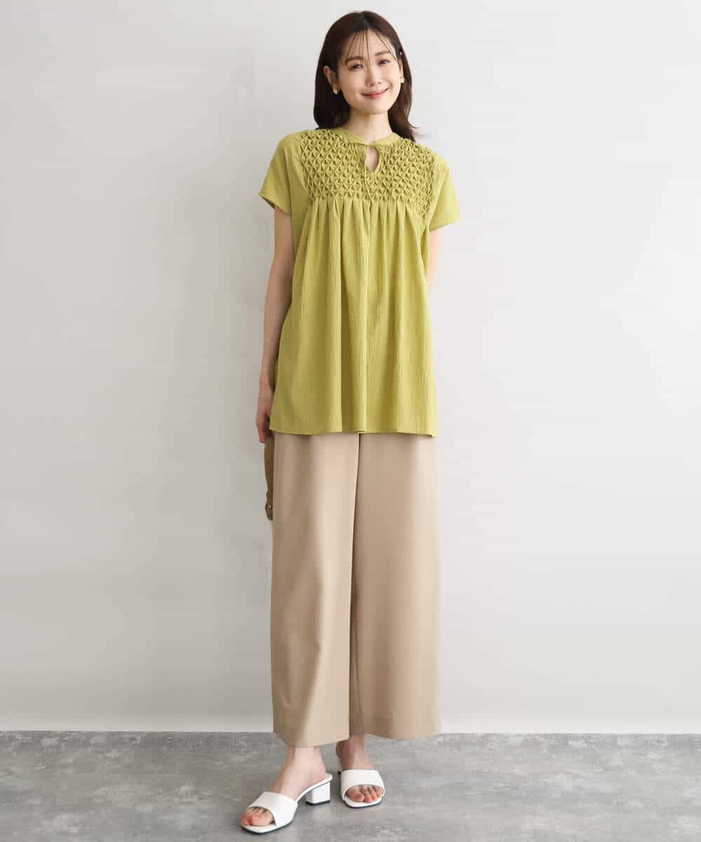 F1LGD56160 MK MICHEL KLEIN(小さいサイズ)(メゾン ドゥ サンク) 【小さいサイズ】[洗える]リネンライクストレッチ ストレートワイドパンツ ベージュ