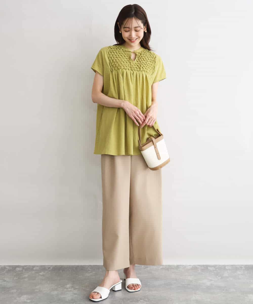 F1LGD56160 MK MICHEL KLEIN(小さいサイズ)(メゾン ドゥ サンク) 【小さいサイズ】[洗える]リネンライクストレッチ ストレートワイドパンツ ベージュ