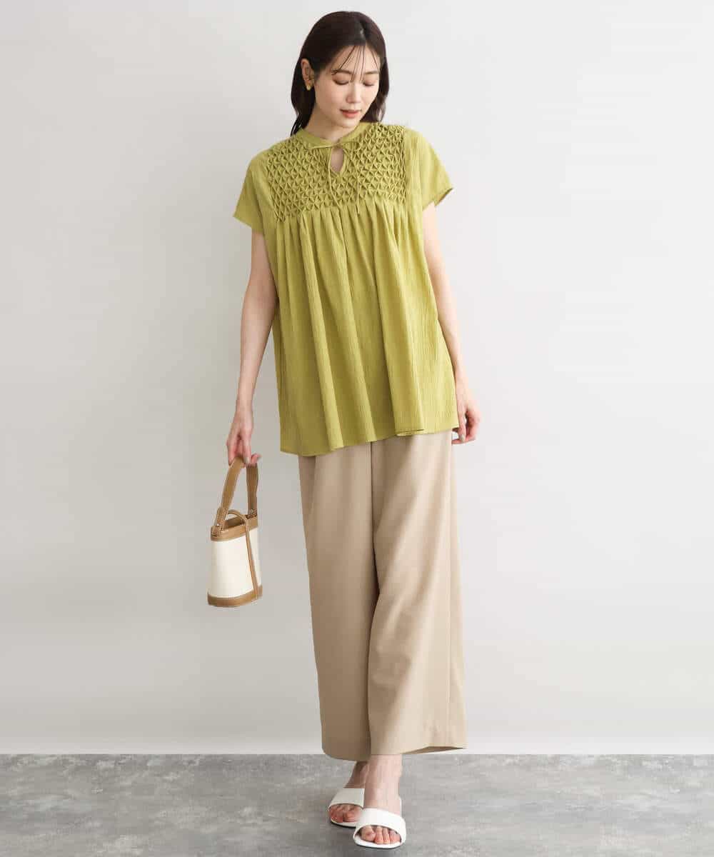 F1LGD56160 MK MICHEL KLEIN(小さいサイズ)(メゾン ドゥ サンク) 【小さいサイズ】[洗える]リネンライクストレッチ ストレートワイドパンツ ベージュ