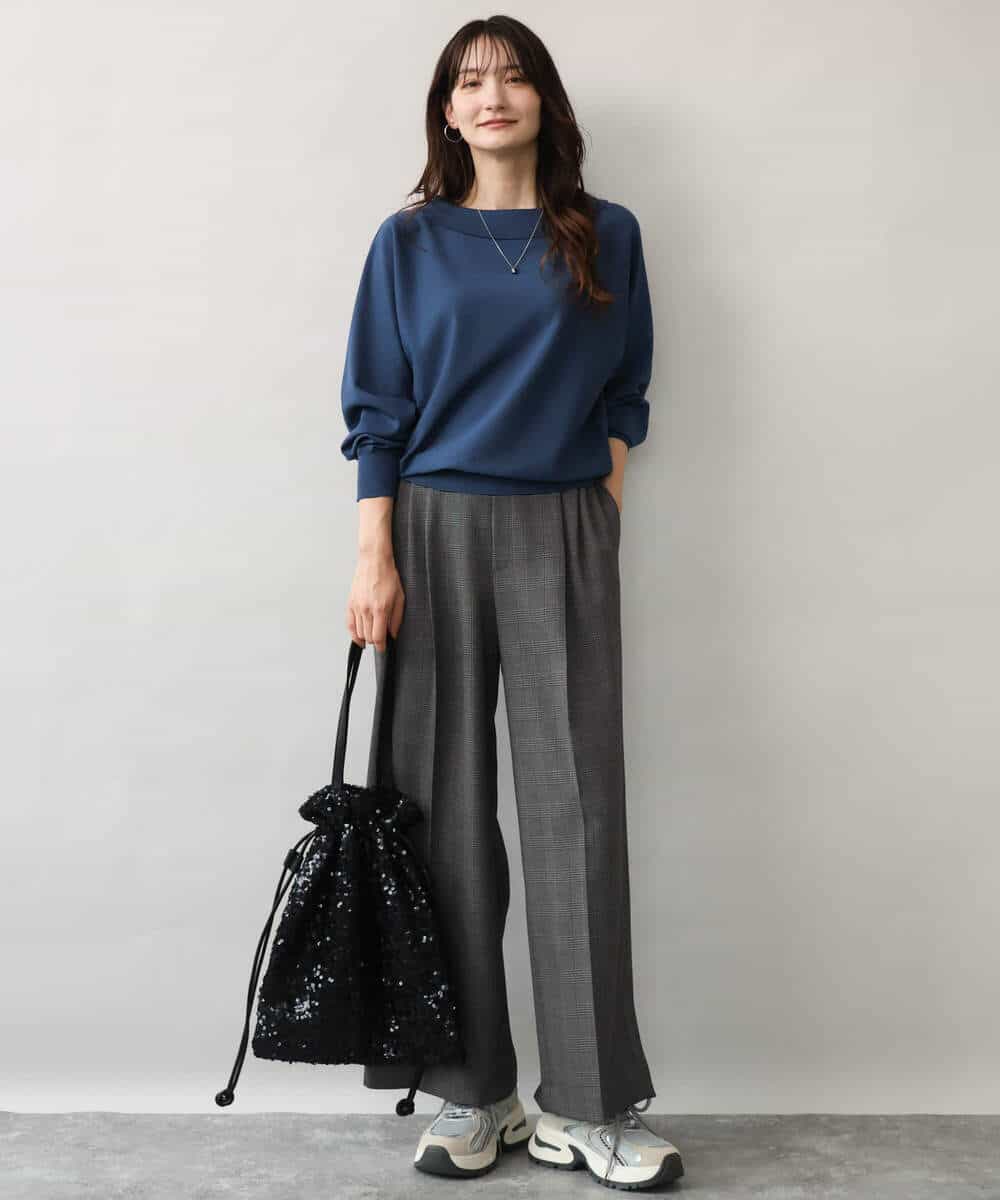 F1LJE45160 MK MICHEL KLEIN(小さいサイズ)(メゾン ドゥ サンク) 【小さいサイズ】[洗える/イージーケア/抗ピリング/ナチュラルストレッチ/ソフトタッチ]ストレートワイドシルエットパンツ（チェック） ダークグレー