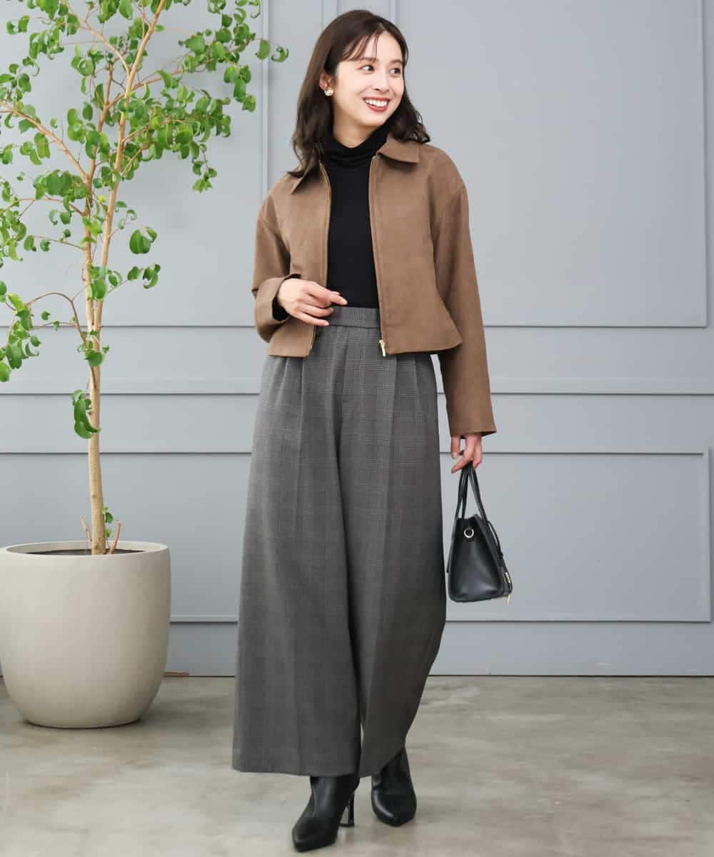 F1LJE45160 MK MICHEL KLEIN(小さいサイズ)(メゾン ドゥ サンク) 【小さいサイズ】[洗える/イージーケア/抗ピリング/ナチュラルストレッチ/ソフトタッチ]ストレートワイドシルエットパンツ（チェック） ダークグレー