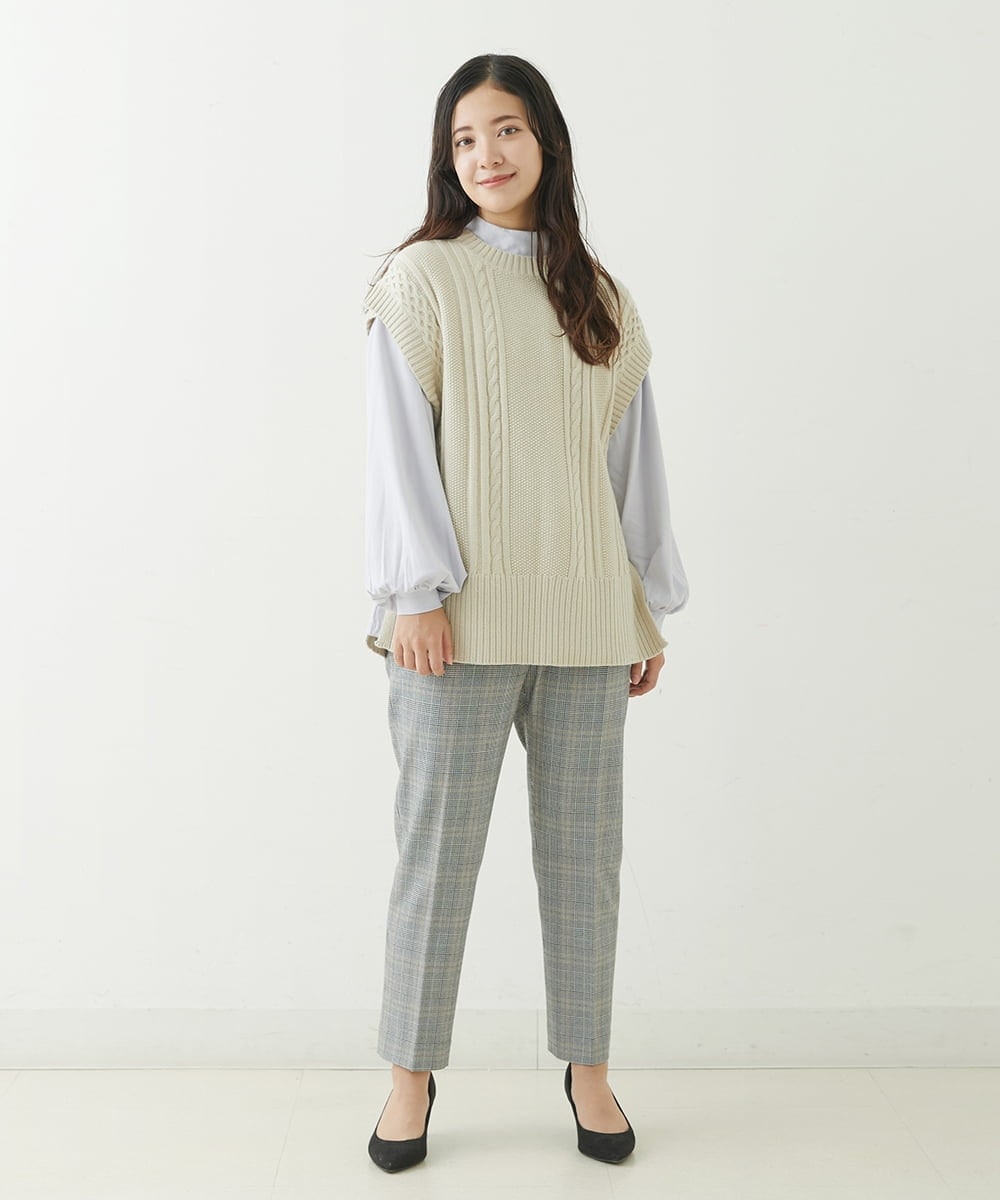 F1LJP36140 MK MICHEL KLEIN(小さいサイズ)(メゾン ドゥ サンク) 【小さいサイズ】裏起毛ベーシックテーパードパンツ（無地・チェック）/Comfortシリーズ/洗える ライトグレー（チェック）