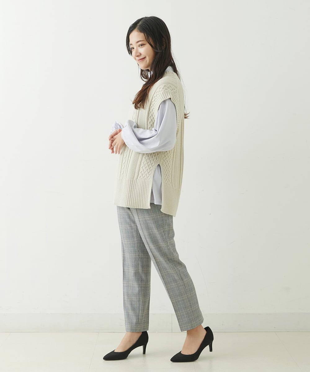 F1LJP36140 MK MICHEL KLEIN(小さいサイズ)(メゾン ドゥ サンク) 【小さいサイズ】裏起毛ベーシックテーパードパンツ（無地・チェック）/Comfortシリーズ/洗える ライトグレー（チェック）