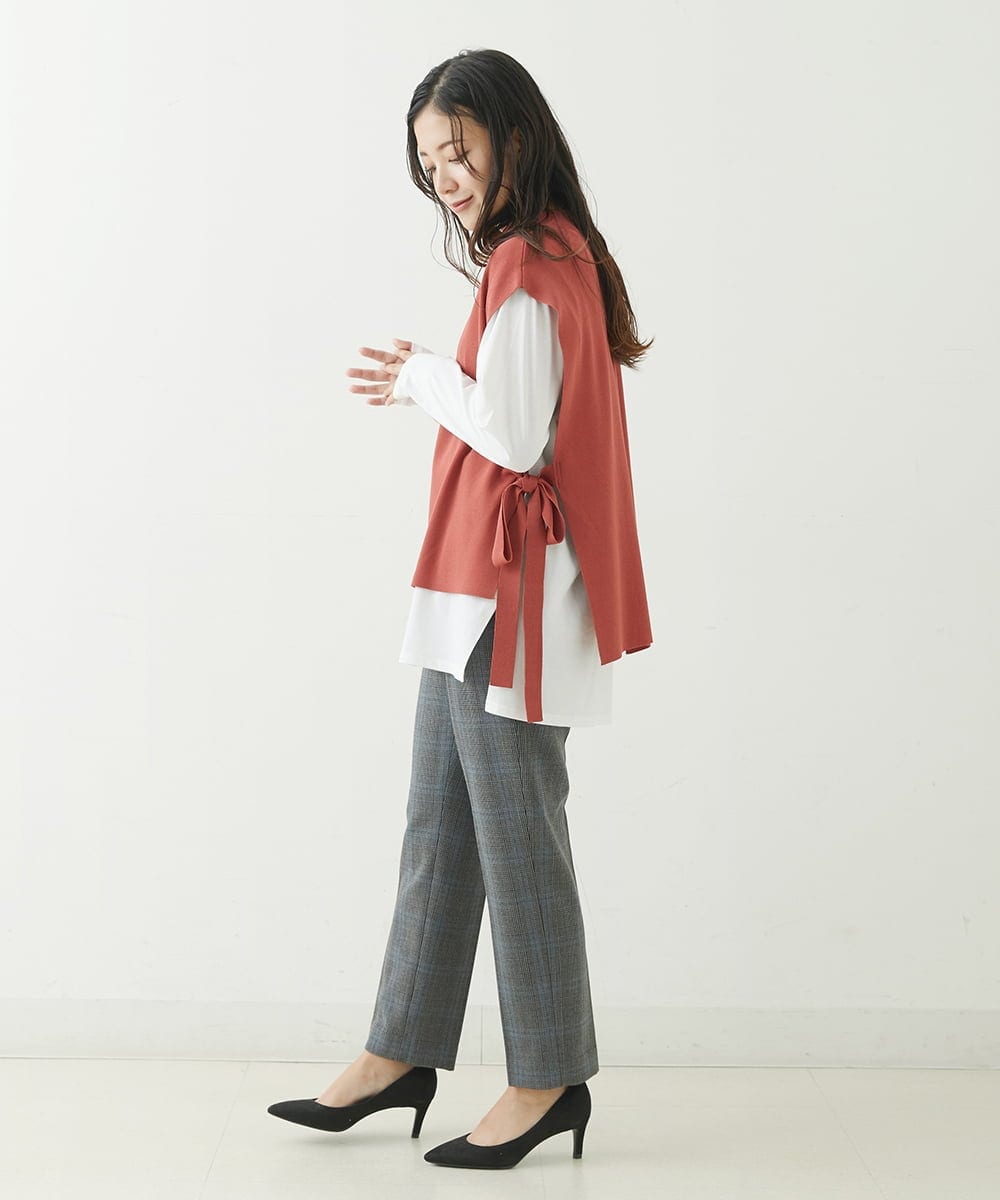 F1LJP36140 MK MICHEL KLEIN(小さいサイズ)(メゾン ドゥ サンク) 【小さいサイズ】裏起毛ベーシックテーパードパンツ（無地・チェック）/Comfortシリーズ/洗える ライトグレー（チェック）