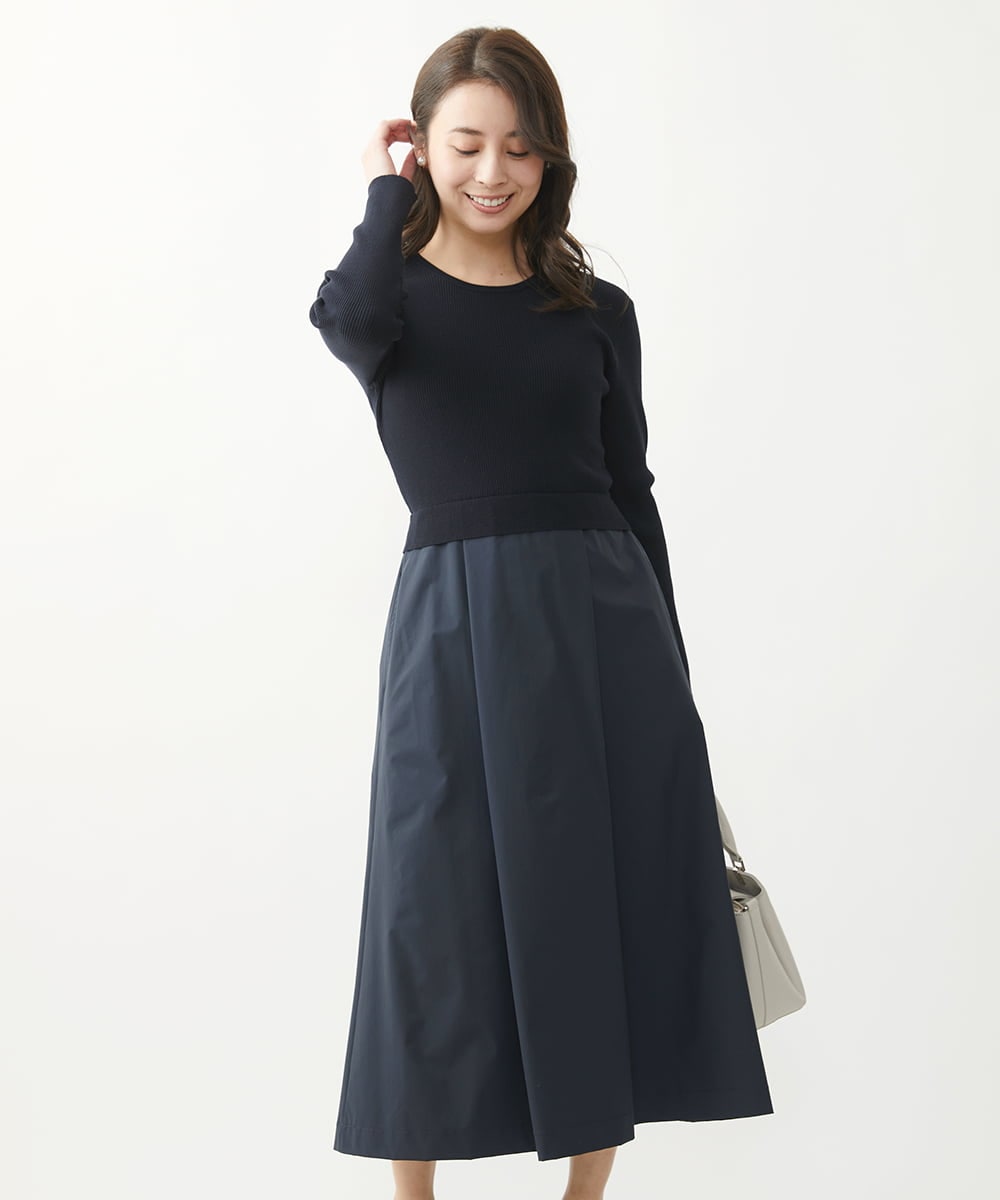 F1PFV11190 MK MICHEL KLEIN(小さいサイズ)(メゾン ドゥ サンク) 【小さいサイズ】ニット×タフタコンビワンピース/洗える ネイビー