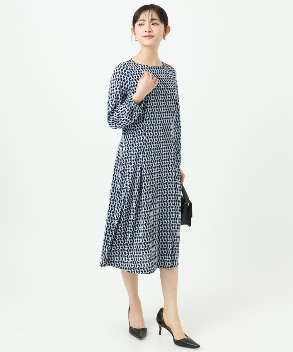 F1PGD20190 MK MICHEL KLEIN(小さいサイズ)(メゾン ドゥ サンク) 【小さいサイズ】[イージーケア]幾何柄ジャージーワンピース/洗濯機で洗える ブラック