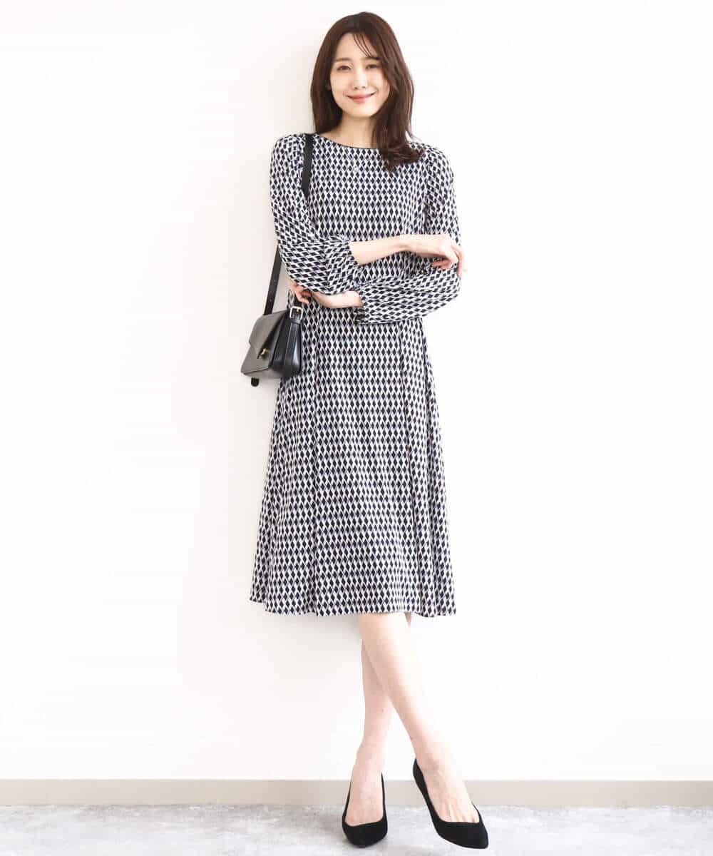 F1PGD20190 MK MICHEL KLEIN(小さいサイズ)(メゾン ドゥ サンク) 【小さいサイズ】[イージーケア]幾何柄ジャージーワンピース/洗濯機で洗える ブラック