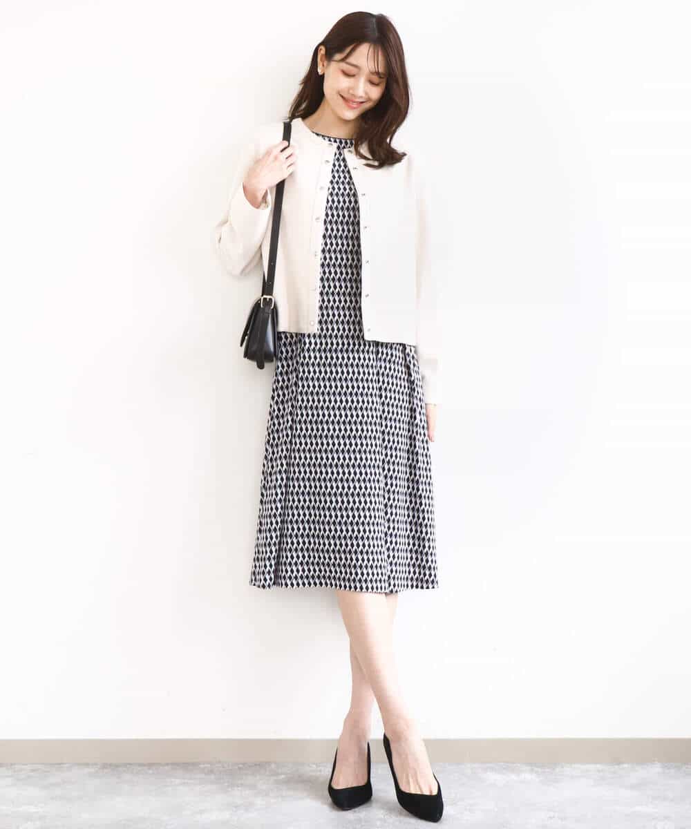 F1PGD20190 MK MICHEL KLEIN(小さいサイズ)(メゾン ドゥ サンク) 【小さいサイズ】[イージーケア]幾何柄ジャージーワンピース/洗濯機で洗える ブラック