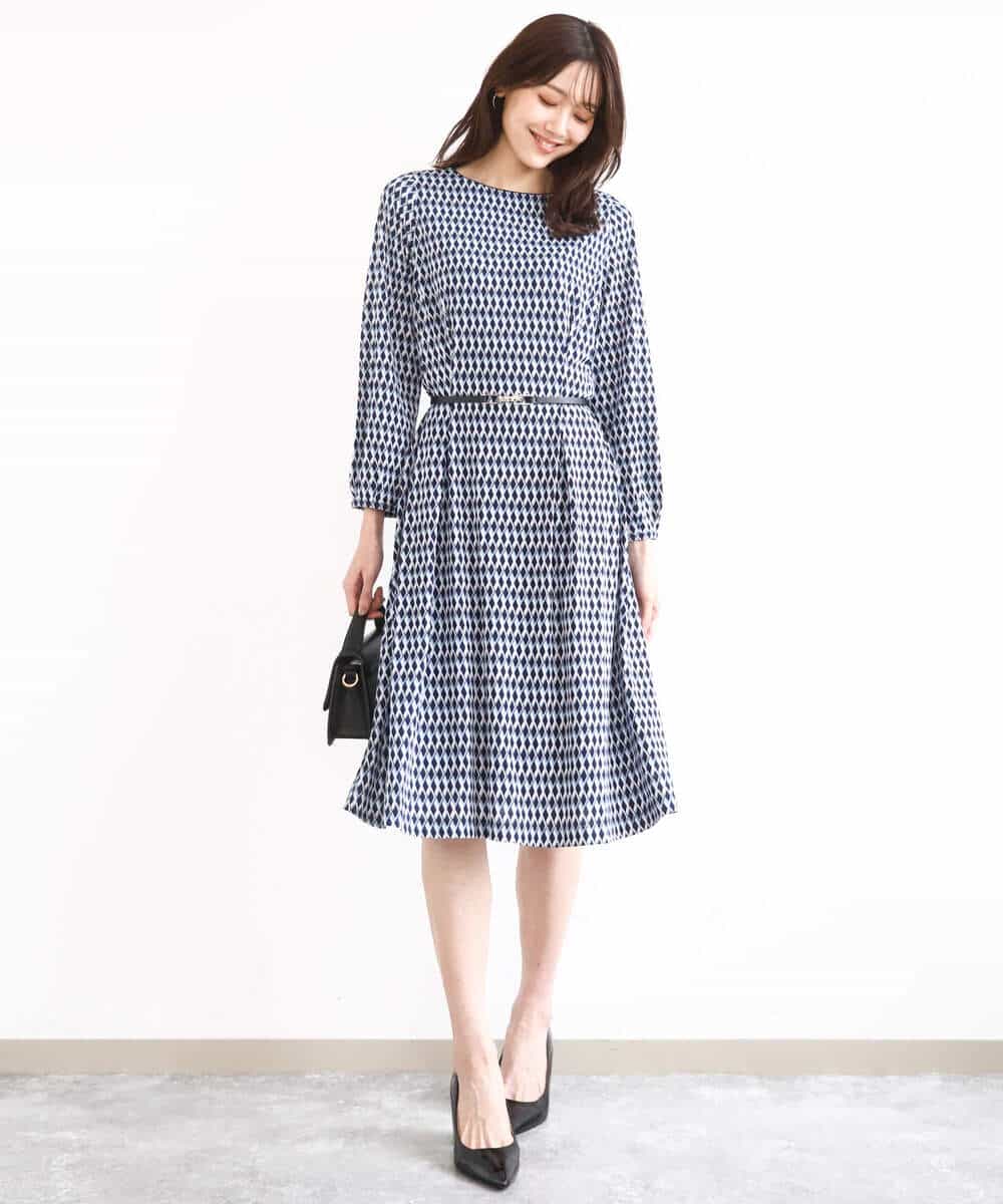 F1PGD20190 MK MICHEL KLEIN(小さいサイズ)(メゾン ドゥ サンク) 【小さいサイズ】[イージーケア]幾何柄ジャージーワンピース/洗濯機で洗える ブラック