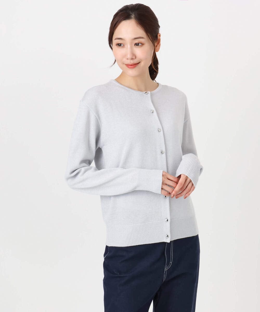 F1SDD61140 MK MICHEL KLEIN(小さいサイズ)(メゾン ドゥ サンク) キラキラ ラメニットカーディガン/洗える サーモンオレンジ