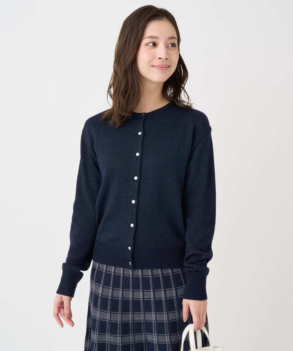 F1SDD61140 MK MICHEL KLEIN(小さいサイズ)(メゾン ドゥ サンク) 【小さいサイズ】キラキラ ラメニットカーディガン/洗える ネイビー