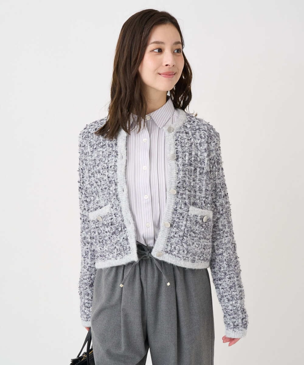 F1SDD62200 MK MICHEL KLEIN(小さいサイズ)(メゾン ドゥ サンク) 【小さいサイズ】ツイードニットジャケット/洗える ホワイト