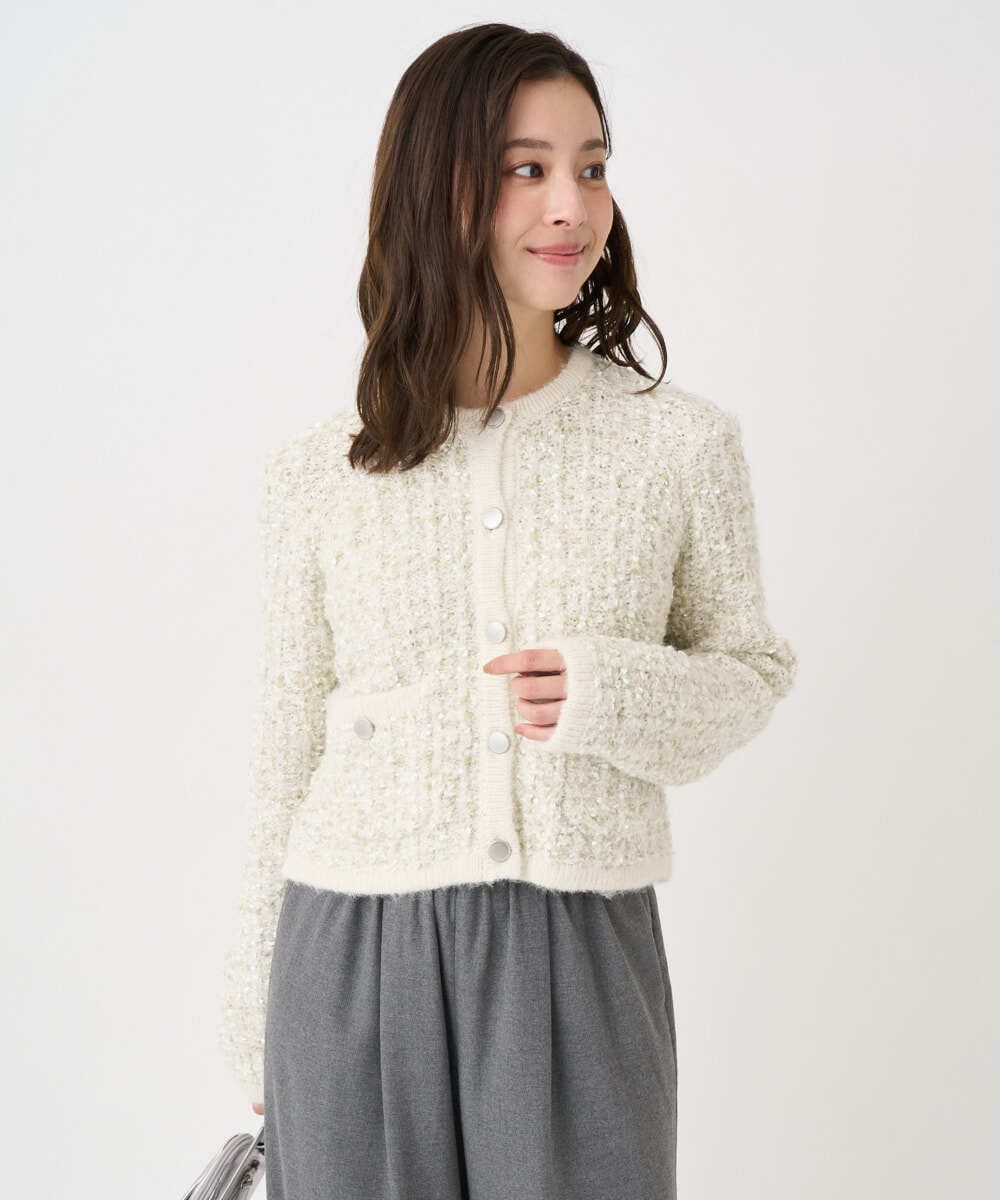 F1SDD62200 MK MICHEL KLEIN(小さいサイズ)(メゾン ドゥ サンク) 【小さいサイズ】ツイードニットジャケット/洗える ホワイト