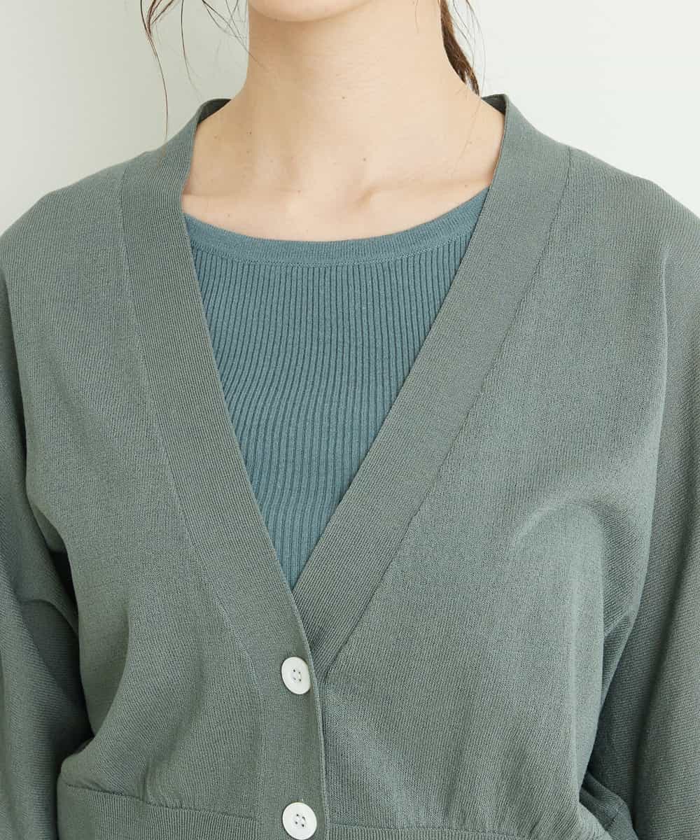 F1SFP01110 MK MICHEL KLEIN(小さいサイズ)(メゾン ドゥ サンク) 【小さいサイズ/洗える】ショート丈ドルマンスリーブカーディガン グリーン