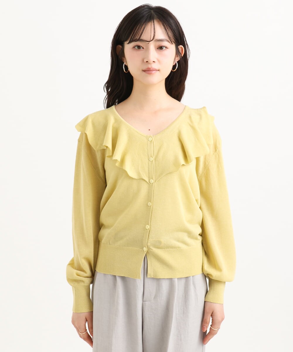 F1SGD41160 MK MICHEL KLEIN(小さいサイズ)(メゾン ドゥ サンク) 【小さいサイズ】ラッフルフリルデザインカーディガン/接触冷感/UVカット/洗える イエロー