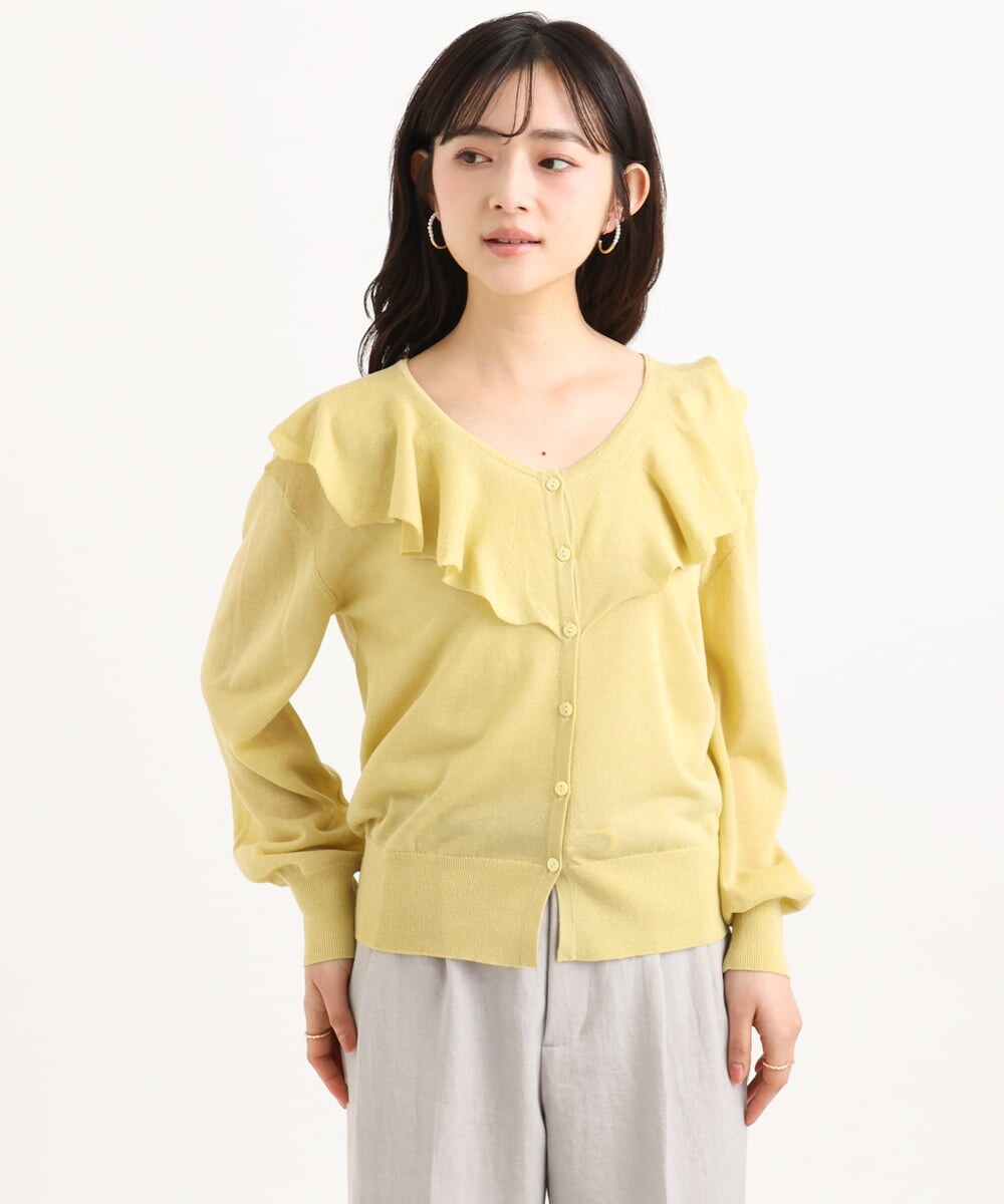 F1SGD41160 MK MICHEL KLEIN(小さいサイズ)(メゾン ドゥ サンク) 【小さいサイズ】ラッフルフリルデザインカーディガン/接触冷感/UVカット/洗える イエロー